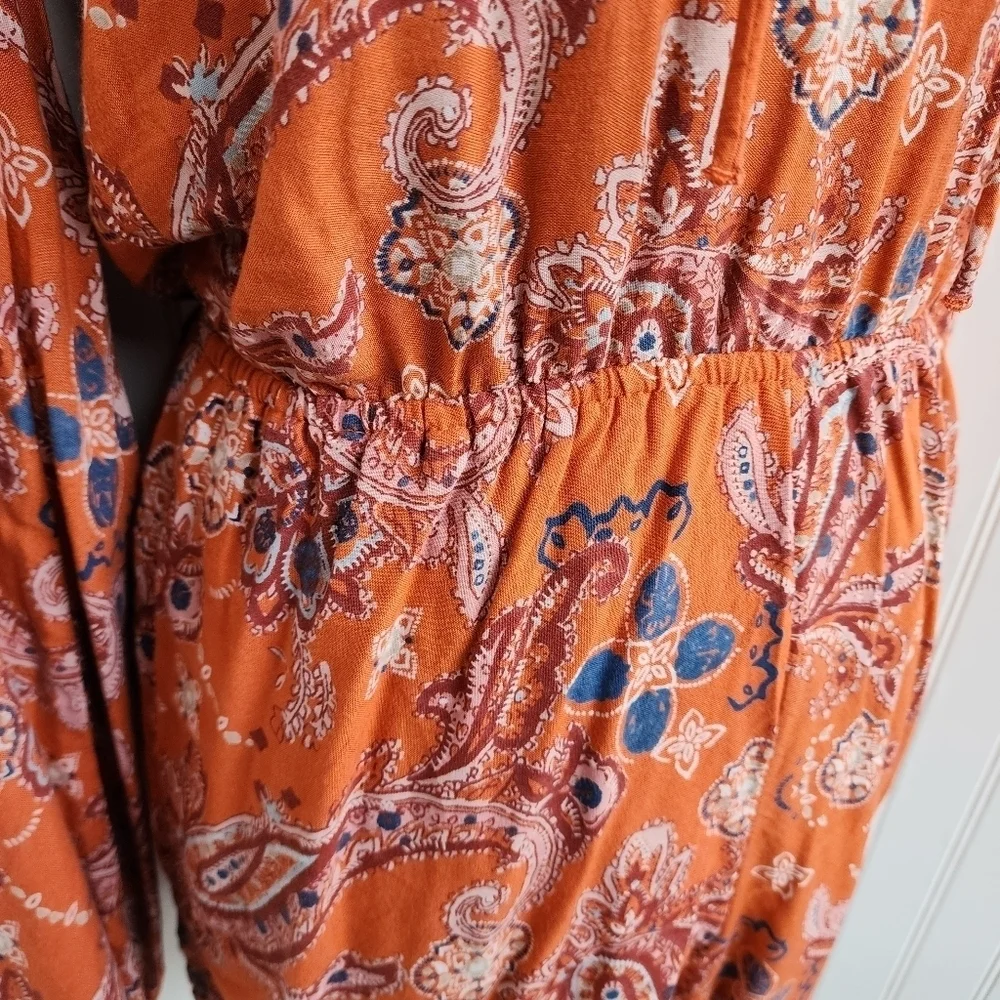 Abercrombie & Fitch Women's Paisley Romper Orange Long Sleeves Lace Up XS